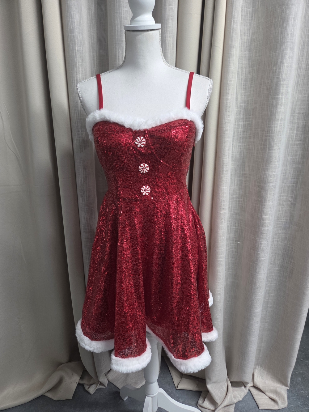 Red Sequin Dress Size M (8-10) Christmas Holiday Party Faux Fur